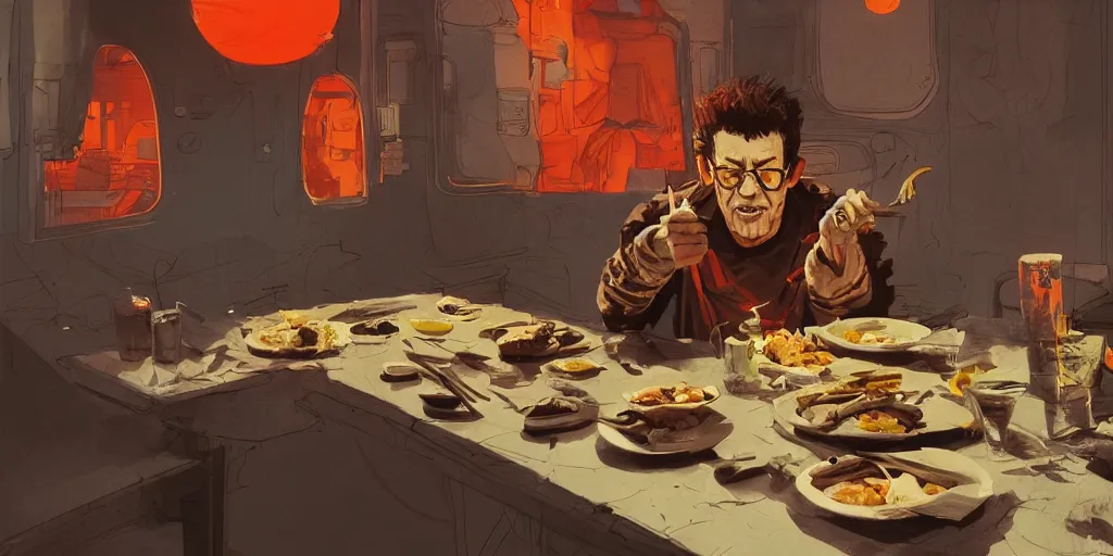 Prompt: cartoonish lou reed eating dinner, vivid colors, character sheet, fine details, concept design, contrast, kim jung gi, greg rutkowski, trending on artstation, 8 k, full body, turnaround, front view, back view, ultra wide angle