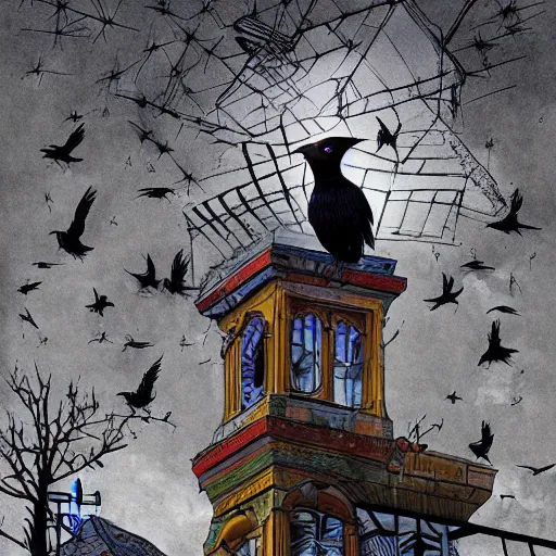 Prompt: A clown on the roof of the church playing with crows, by Android Jones and M. C. Escher collaboration, futurist, digital art, dramatic lighting, symbolic