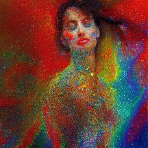 Image similar to a woman 💃 disintegrating into small particles of love, behancehd, impressionism