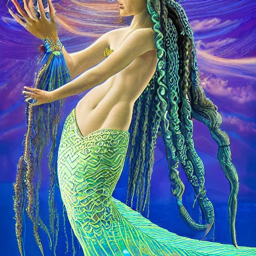 Image similar to intricate detail, gilbert williams and sandro botticelli portrait of tan sumerian mermaid goddess atargatis, princess intergalactica, with aqua neon rapunzel dreadlocks adorned in seashells, near crystal temple in atlantis, iridescent dolphins swimming in the sea, unicorn flying in the sky, paleozoic atlantis