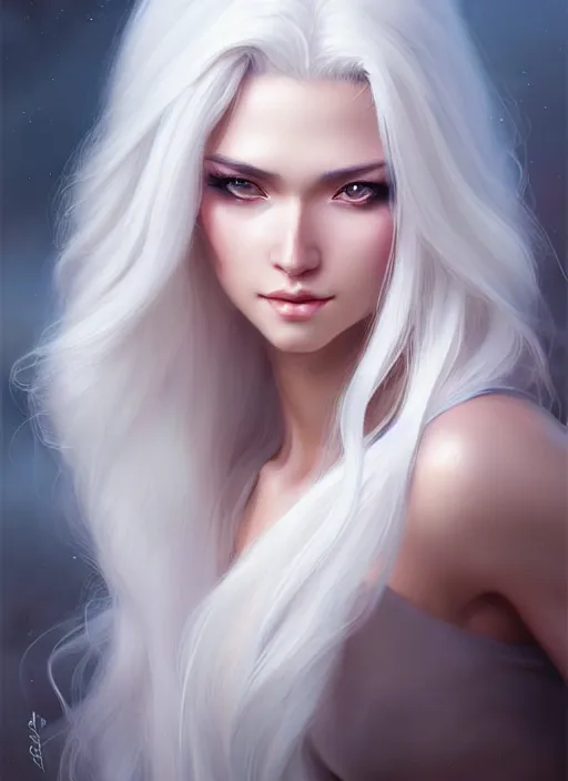 Prompt: a gorgeous female with long white hair in the style of stefan kostic, realistic, full body shot, wide angle, sharp focus, 8 k high definition, insanely detailed, intricate, elegant, art by stanley lau and artgerm, floating embers