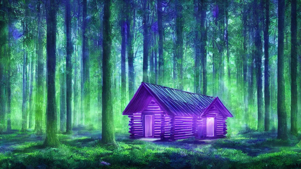 Image similar to portrait of an ethereal evergreen forest made of green and purple light, divine, cyberspace, mysterious, dark high-contrast concept art, log cabin made of blue light