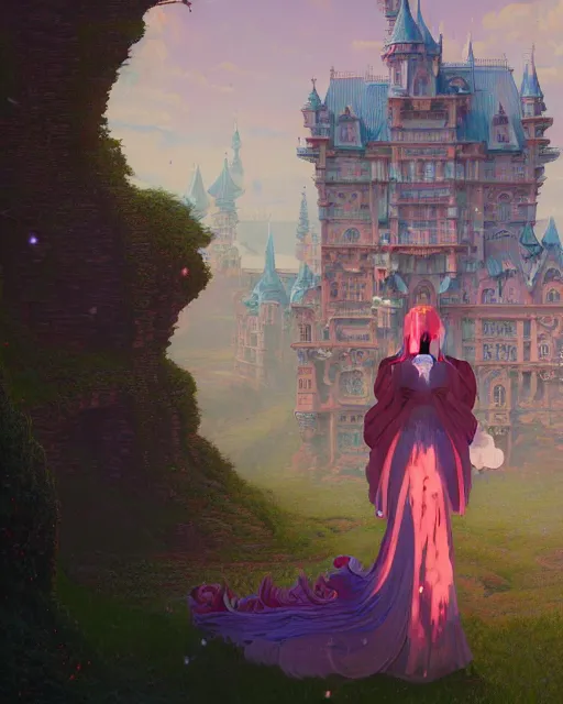 Image similar to highly detailed surreal vfx portrait of a female candypunk mage in a majestic castle by golden tree, stephen bliss, unreal engine, greg rutkowski, loish, rhads, beeple, makoto shinkai and lois van baarle, ilya kuvshinov, rossdraws, tom bagshaw, alphonse mucha, global illumination, detailed and intricate environment