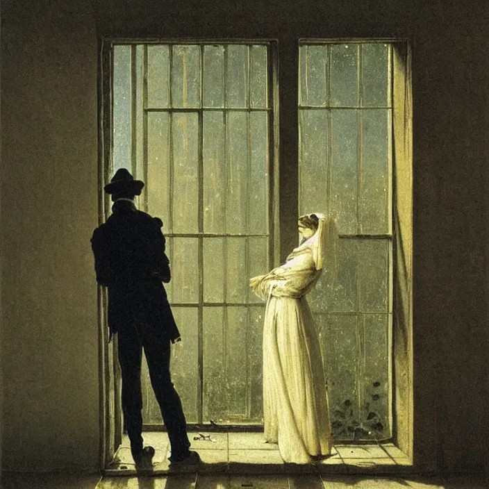 Image similar to painting of a broken window with a beautiful white woman on the outside by caspar david friedrich, at night