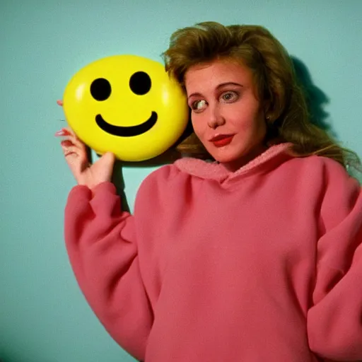 Image similar to still from a 1993 arthouse film about a depressed housewife dressed as a squishy inflatable smiley who meets a handsome younger man in a seedy motel room, color film, 16mm soft light, weird art on the wall