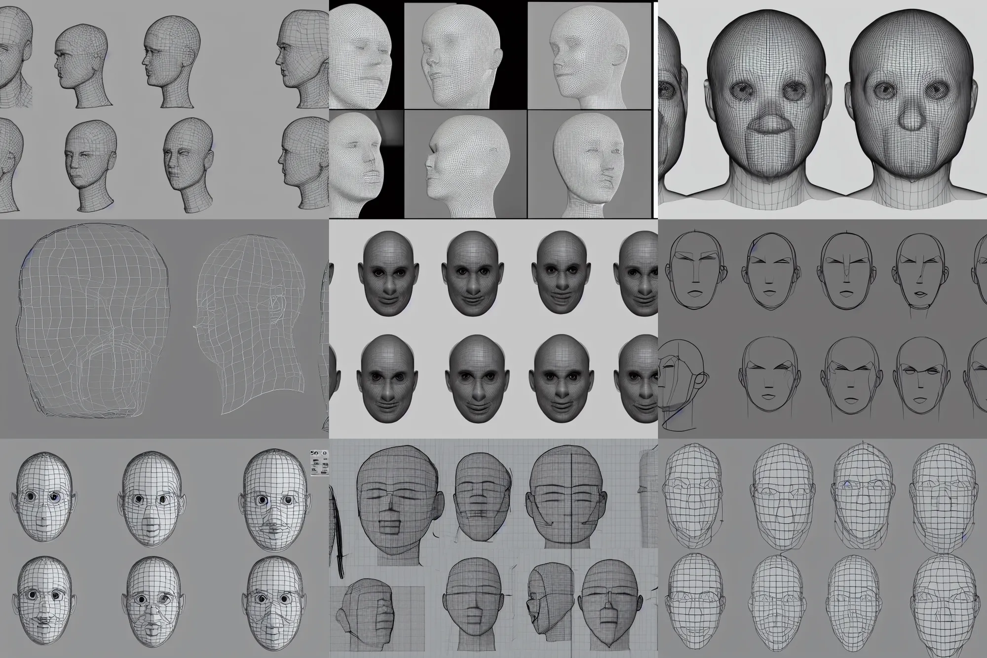 Prompt: wireframe for facial rigging, head, front and side view, universal mesh, pixar and disney base model