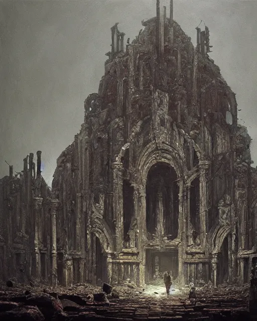 Prompt: a hyperdetailed painting of a dark pipe organ in the middle of an ancient ruined temple, epic, gritty, dark soul concept, by beksinski, ruan jia, trending in artstation