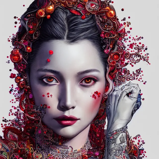 Image similar to studio portrait of absurdly beautiful, elegant, young hypercolorful woman made of rubies and red gems, ultrafine hyperrealistic detailed face illustration by kim jung gi, irakli nadar, intricate linework, sharp focus, bright colors, matte, octopath traveler, final fantasy, unreal engine highly rendered, global illumination, radiant light, intricate environment