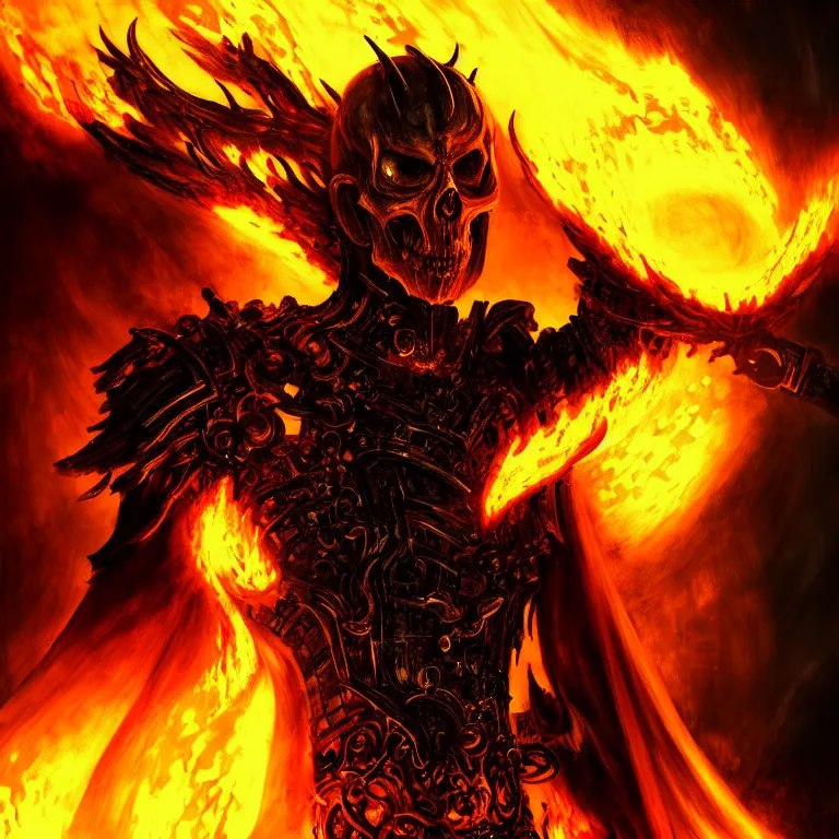 Image similar to Ghost Rider, flaming grim reaper, demons of hell, the pits of hell, headshot photo, character concept, dark souls concept art, Feng Zhu concept art, dramatic lighting, highly stylized, trending on artstation, high-quality wallpaper, desktopography