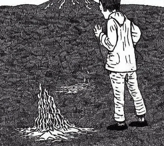 Prompt: a lost child wanders over a volcano, art by Edward Gorey,