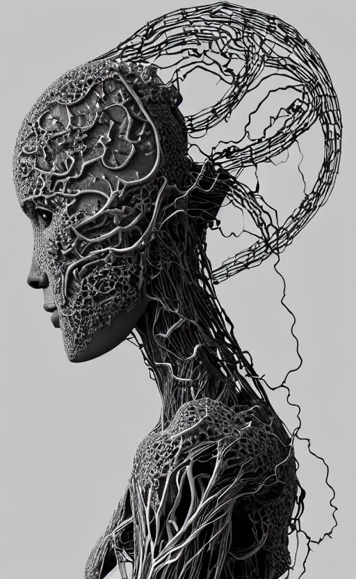 Image similar to a black and white 3D render of a beautiful profile face portrait of a female vegetal-dragon-cyborg, 150 mm, orchid stems, fine lace, Mandelbrot fractal, anatomical, flesh, facial muscles, cable wires, microchip, veins, arteries, full frame, microscopic, elegant, highly detailed, flesh ornate, elegant, high fashion, rim light, octane render in the style of H.R. Giger and Man Ray