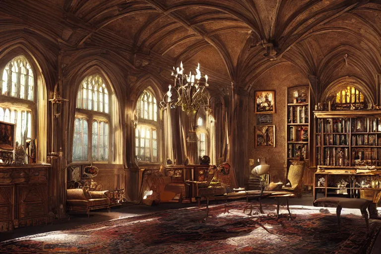 Prompt: A national geographic photo of rich room in hogwarts, Trending on artstation.