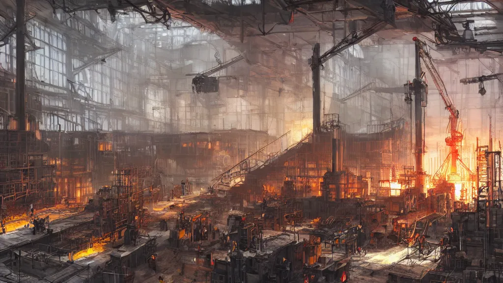 Image similar to interior of heavy steel foundry with cranes and engineers working on molten steel, papyrus, watercolored, jakub rozalski, bright colours, dieselpunk, concept art, trending on artstation