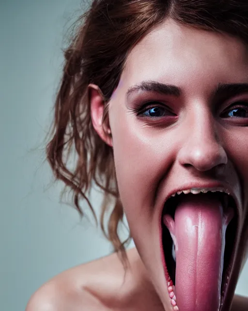 Image similar to model with an incredibly long tongue, realistic vivid studio portrait in the style of annie leibovitz, vfx, 8 k resolution, vsco film