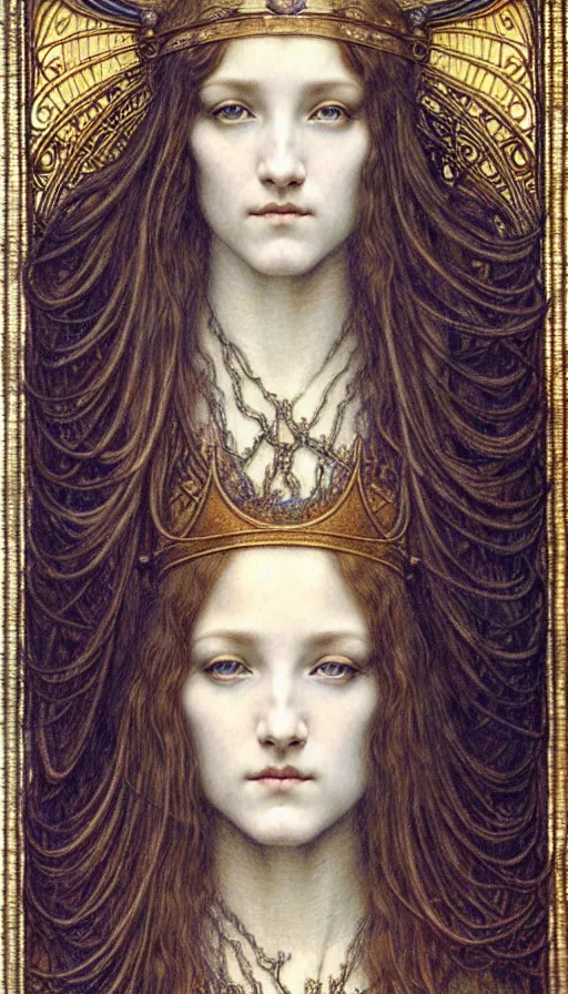 Image similar to detailed realistic beautiful young medieval queen face portrait by jean delville, gustave dore and marco mazzoni, art nouveau, symbolist, visionary, gothic, pre - raphaelite. horizontal symmetry