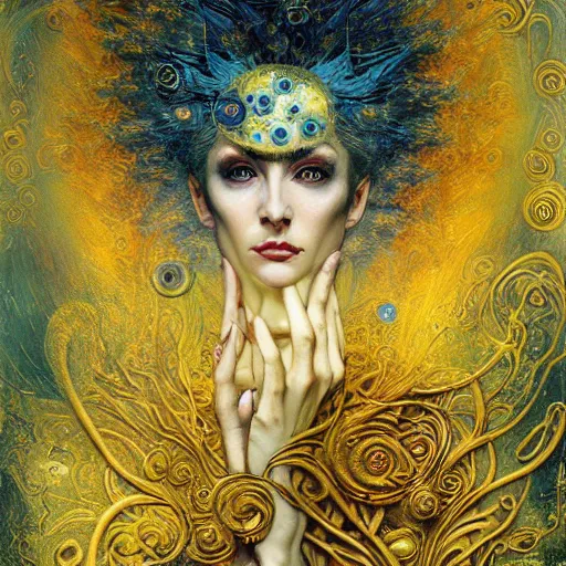 Image similar to Divine Chaos Engine by Karol Bak, Jean Deville, Gustav Klimt, and Vincent Van Gogh, beautiful visionary mystical portrait, sacred, otherworldly, fractal structures, Surreality, SpiralDeeArts, ornate gilded medieval icon, third eye, spirals