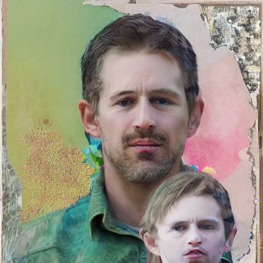Prompt: hyperdetailed mixed media collage of a photorealistic father with child. pastel tones. matte background