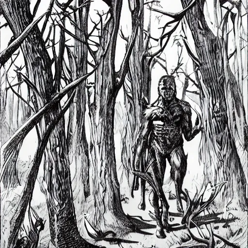 Image similar to sci - fi, hunters of monsters walking in a meat and bone forest, art by oscar chiconi