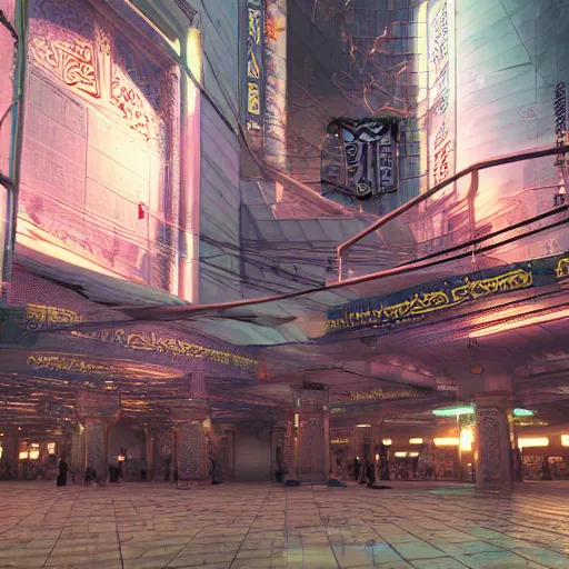 Image similar to Photorealistic cyberpunk mosque in crowded Tokyo. Hyperdetailed photorealism, UHD, amazing depth, glowing rich colors, powerful imagery, 3D octane cycle finalrender, 3d shading, cinematic lighting, artstation concept art