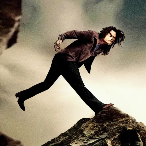 Prompt: johnny depp falling down a cliff with the camera pointing downwards at his face as you can see him scream while falling down the cliff, realistic, movie scene, dramatic, hdr, clear image,