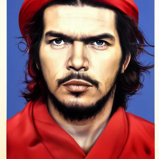 Image similar to colour masterpiece surreal closeup portrait photography of che guevara by miho hirano and annie leibovitz and michael cheval, red and white smoke background, 8 k