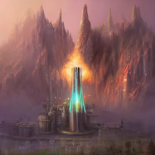 Image similar to a fantasy elven nuclear power plant with steam. award winning digital art, trending on artstation