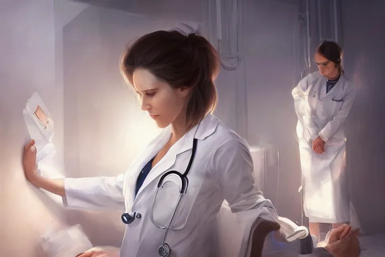 Image similar to an elegant and beautiful female doctor in a white coat working in a hospital ward, cinematic, highly detailed, digital painting, artstation, concept art, matte, sharp focus, illustration, art by artgerm and greg rutkowski