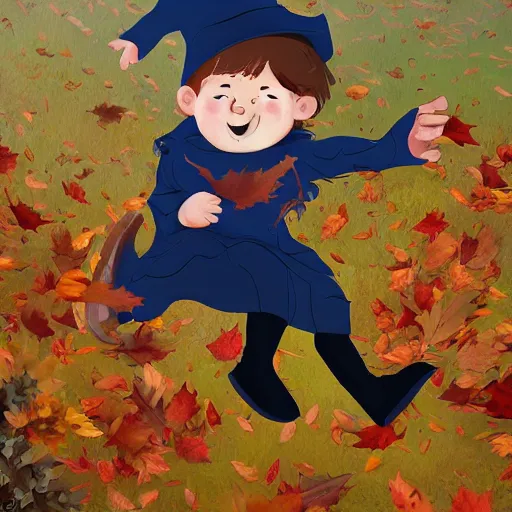 Prompt: a boy wearing a witches hat jumping into a pile of leaves on a beautiful autumn day, cute storybook illustration, trending on artstation, cgsociety, beautiful painting