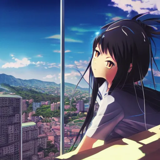 Image similar to Anime girl getting robbed in Medellin, Artwork by Makoto Shinkai, official media, 8k, pixiv, high definition, wallpaper, hd, digital artwork