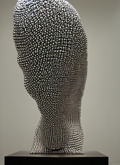 Image similar to a figurative sculpture made of five thousand tightly packed reflective spheres of various sizes