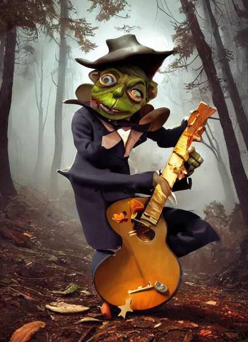 Prompt: a cute sharply dressed goblin playing the blues on an old guitar, in the style of boris valejo and patrick woodroffe, fantastic, dramatic lighting, smokey, forest, hyperrealistic, detailed, octane render