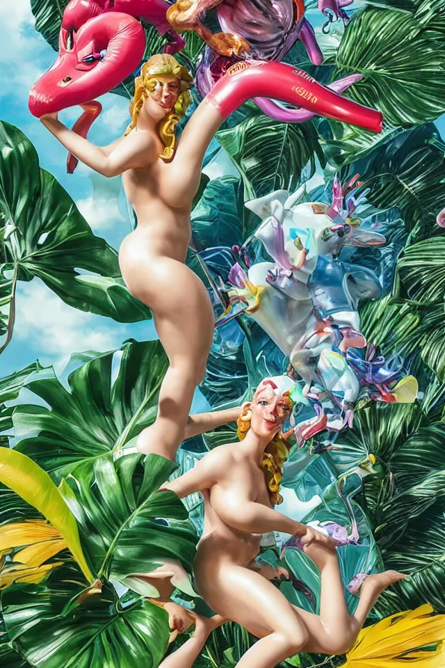 Prompt: an extreme close - up of a statue chrome cyborg lycra nymph battling a giant inflatable flamingo pool float, tropical flowers and monstera plants, explosions thick smoke, by jeff koons, hajime soryama, boris vallejo, artgerm, greg rutkowski, alphonse mucha