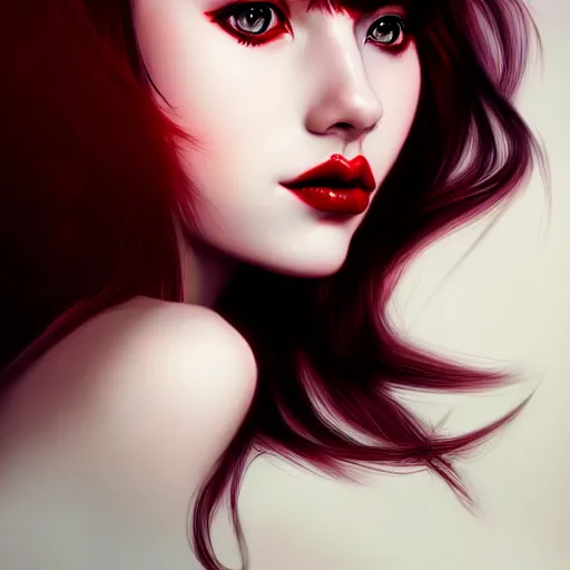 Image similar to a realistic illustration portrait of a beautiful cute girl with wavy black and red hair, a pointy nose and, round chin black eyeliner, trending on artstation, hyper - realistic lighting, intricate, ross tran, realistic hair