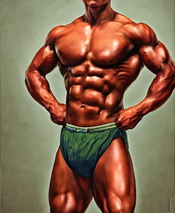 Image similar to heroic portrait of a handsome young mexican bodybuilder, art by denys tsiperko and bogdan rezunenko, hyperrealism