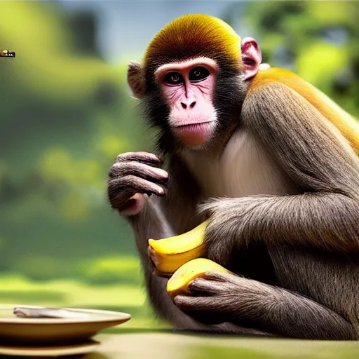 Image similar to monkey eating banana, higly detailed, 8 k, photorealistic, art concept, artstation, sharp focus