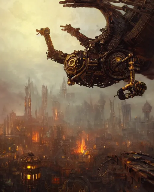 Prompt: oil painting of exploding steampunk city, Gigantic Steampunk Owl Robot above, sharp focus, full body, heroic pose, fantasy style, octane render, volumetric lighting, 8k high definition, by greg rutkowski, highly detailed, trending on art Station, magic the gathering artwork, centered, dramatic artwork, combat scene