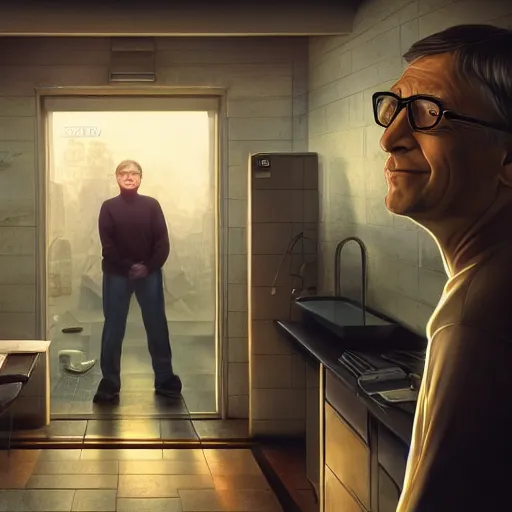 Prompt: bill gates in jail, detailed illustration, octane render, god rays, intricate, epic lighting, cinematic composition, hyper realistic, 8 k resolution, unreal engine 5, by artgerm, tooth wu, dan mumford, beeple, wlop, artstation