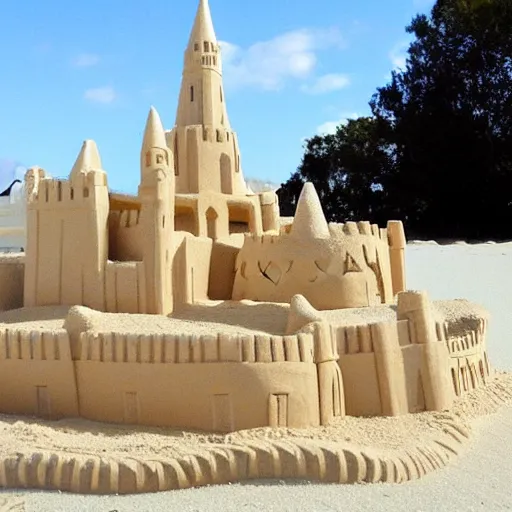 Prompt: sand castle in the shape of the White House