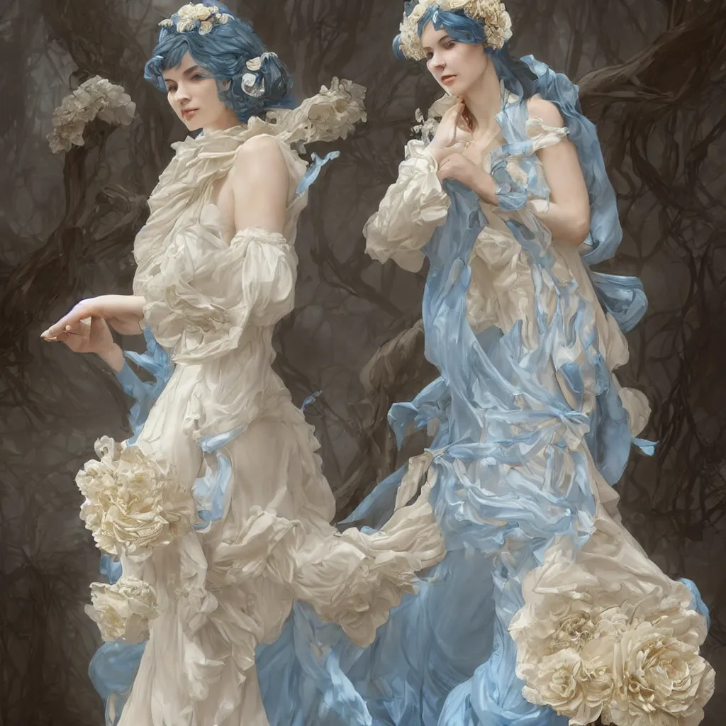 Image similar to lady dressed in a vaporous wrapped large victorian cream roses silk semi-transparent blue and cream dress fashion is running D&D, fantasy, intricate, elegant, highly detailed, digital painting, artstation, concept art, matte, sharp focus, illustration, art by Artgerm and Greg Rutkowski and Alphonse Mucha