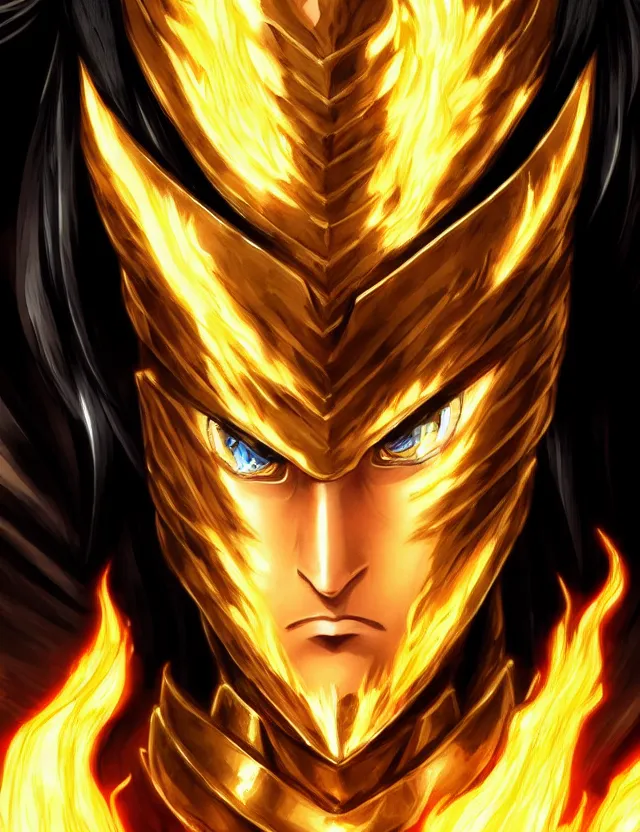 Image similar to a detailed manga portrait of a black haired man with hazel eyes in gleaming golden armour that burns with golden fire, trending on artstation, digital art, 4 k resolution, detailed, high quality, sharp focus, hq artwork, coherent, insane detail, character portrait