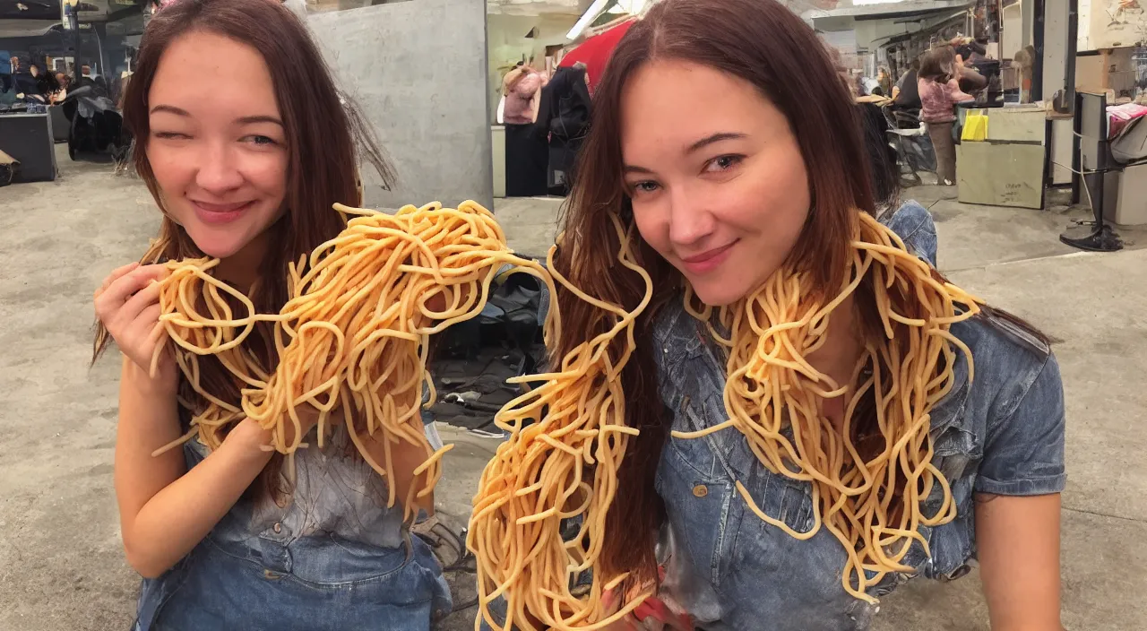 Image similar to a friendly girl who is secretly a pile of spaghetti