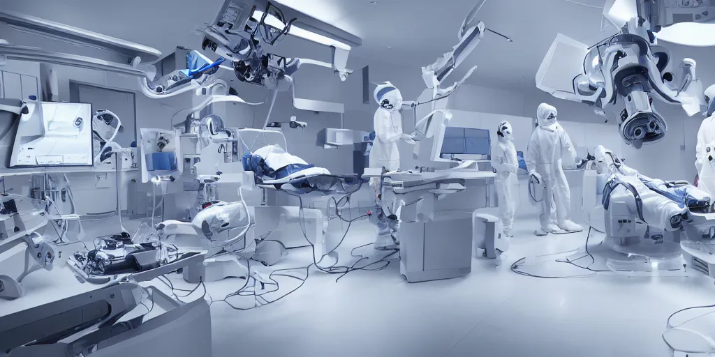 Image similar to an organ transplant in an operating room with robotic surgeons , photorealistic,by Wlop,4k resolution