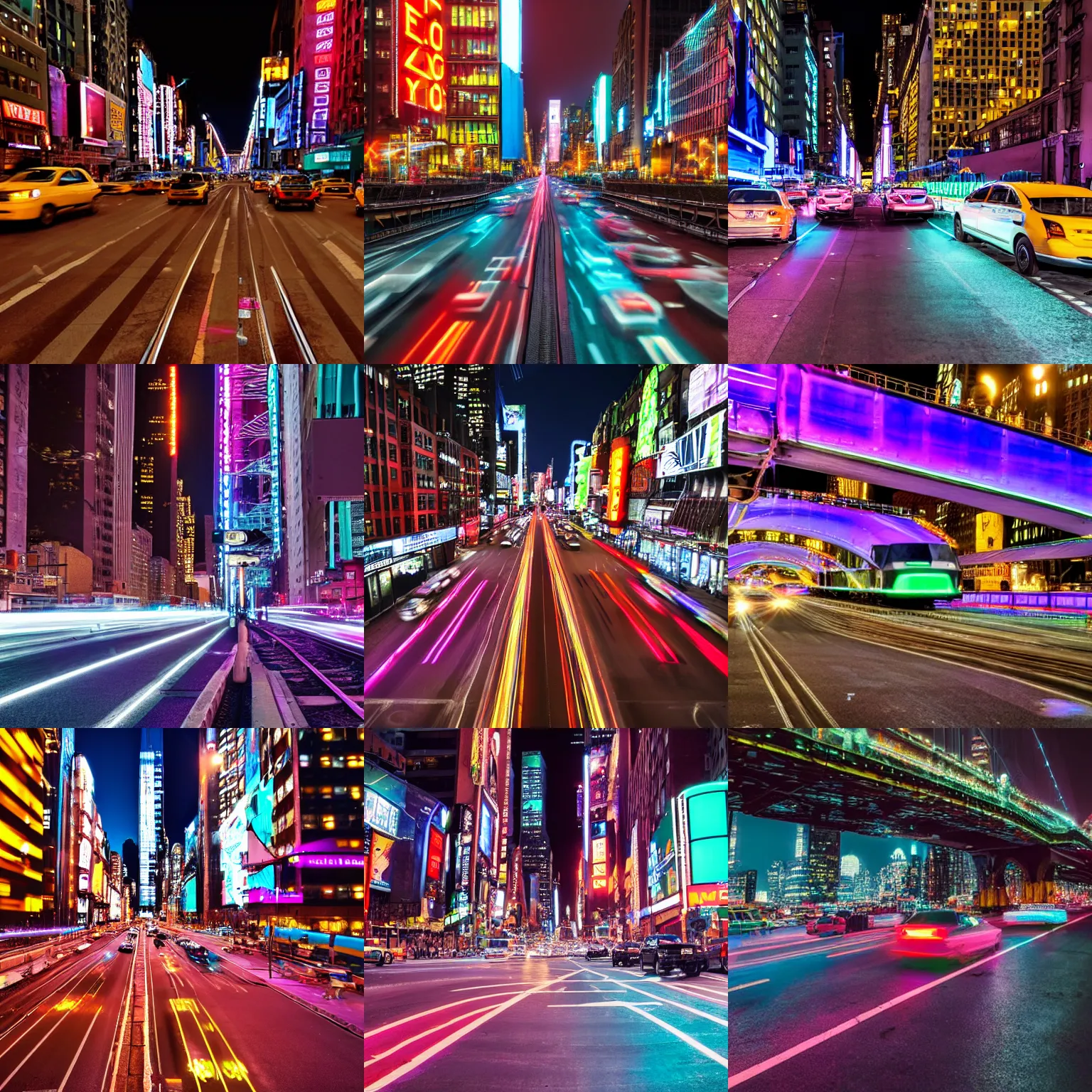 Prompt: Busy new york city street full of cars at night ,futuristic train covered in neon led lighting on bridge over street, still photo