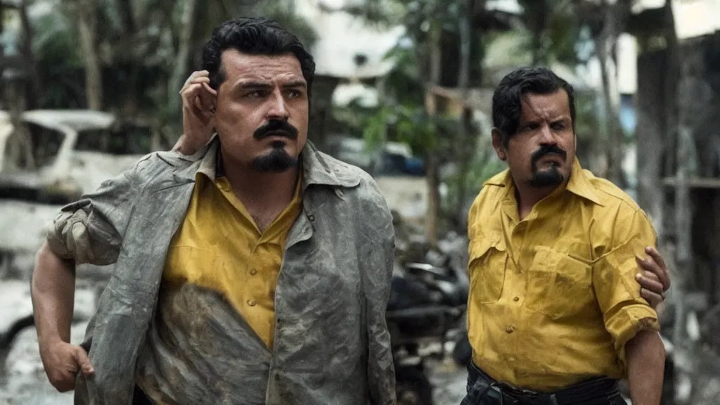 Image similar to A still of the drug kingpin El Mencho in the Narcos: Mexico TV show, yellow lighting