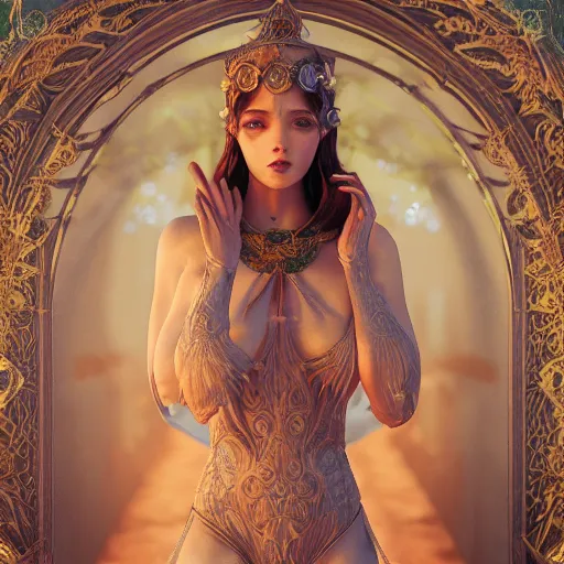 Image similar to a beautiful goddess dreamy eyes, lusty full body, ornated, intricate fabric gown, portrait 3 d figurine, octane render, 8 k, artstation, unreal engine, art nouveau, cinematic setting, hd, realistic fantasy background