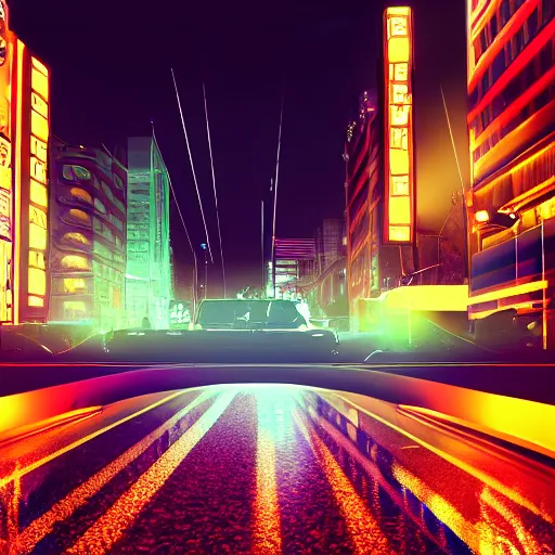 Prompt: driving late at night in a city, city full with people, neon signs everywhere, first person perspective, cinema 4d render, Ray tracing reflection, natural light,