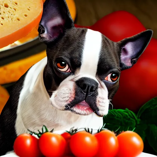 Image similar to boston terrier with a beard eating tomato's with cheese, photorealistic, high detail, 8 k resolution