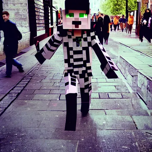 Prompt: photo of life like minecraft characters walking on london streets and scaring people