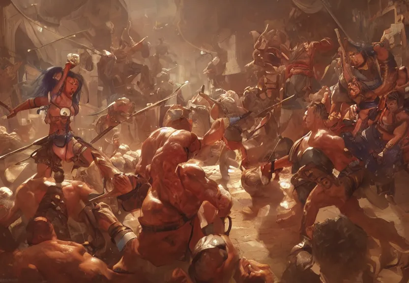 Prompt: gladiators fighting in a supermarket by Stanley Artgerm Lau, WLOP, Rossdraws, James Jean, Andrei Riabovitchev, Marc Simonetti, Yoshitaka Amano, ArtStation, CGSociety