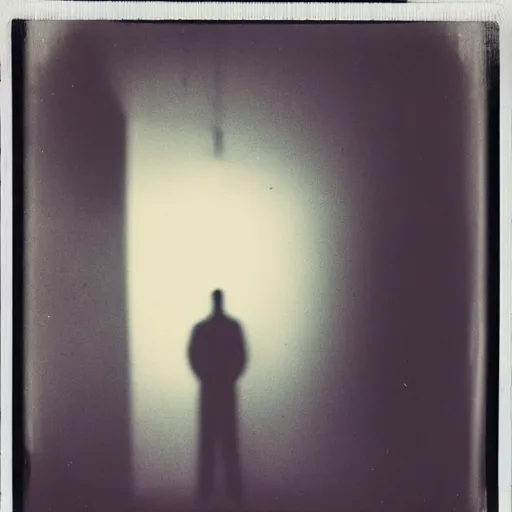 Prompt: a tall dark shadowy figure with eyes standing in the corner of the basement of an industrial building, abandoned, creepy, grainy, eerie, terrifying, horrorifiying, old polaroid, expired film,